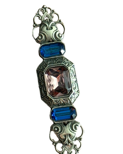 Vintage “victorian revival” fancy pink and blue glass bar brooch