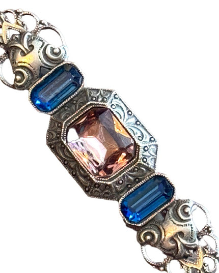 Vintage “victorian revival” fancy pink and blue glass bar brooch