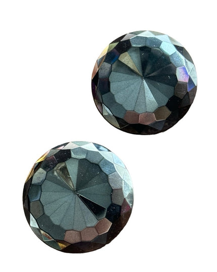 Vintage black hematite faceted glass round clip on earrings