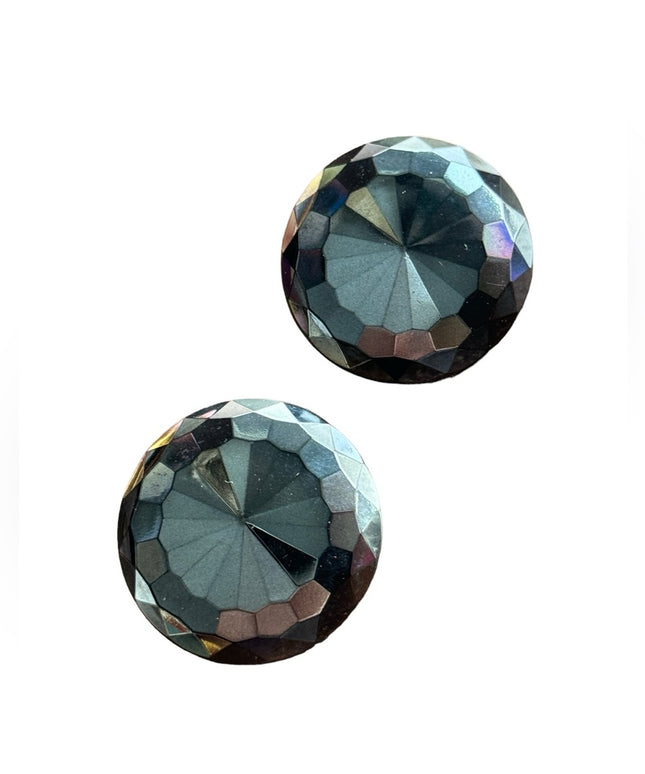 Vintage black hematite faceted glass round clip on earrings