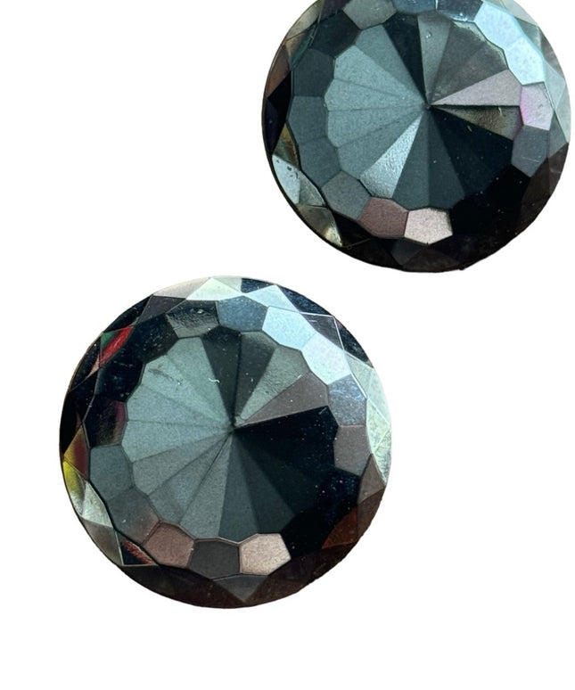 Vintage black hematite faceted glass round clip on earrings