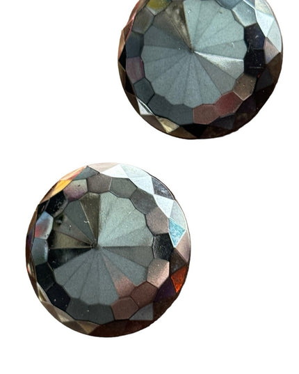 Vintage black hematite faceted glass round clip on earrings