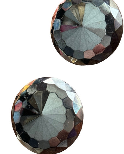 Vintage black hematite faceted glass round clip on earrings