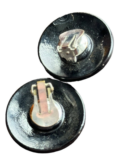 Vintage black hematite faceted glass round clip on earrings