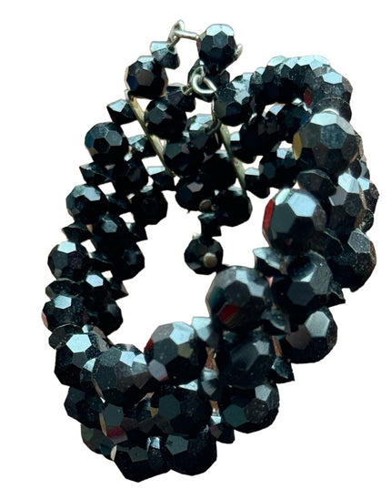 Vintage 1960s LOT black crystal glass bracelet cuff & clip on earrings