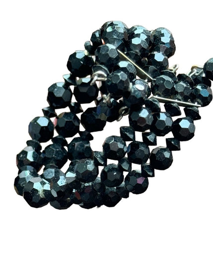 Vintage 1960s LOT black crystal glass bracelet cuff & clip on earrings
