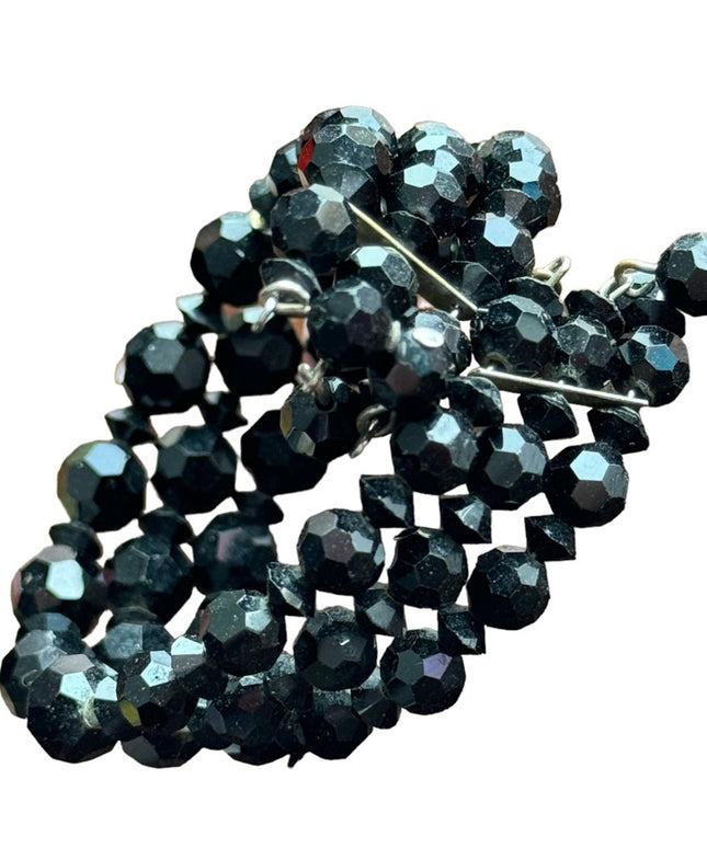 Vintage 1960s LOT black crystal glass bracelet cuff & clip on earrings