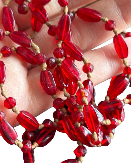 Antique red glass art deco handmade flapper bead necklace