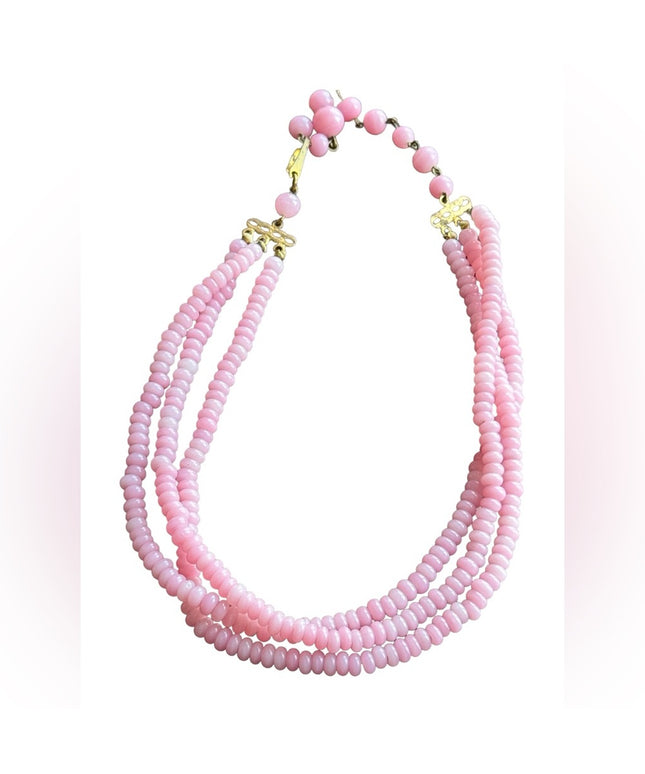Antique CZECH Art deco pink glass hand made multi dtrand bead necklace