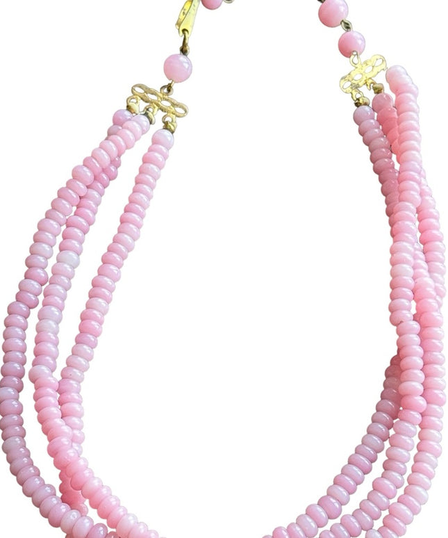 Antique CZECH Art deco pink glass hand made multi dtrand bead necklace