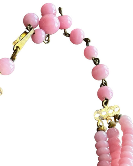 Antique CZECH Art deco pink glass hand made multi dtrand bead necklace