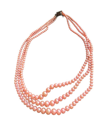 Vintsge 1940s Pastel pink faux pearl multi 3 strand bead necklace