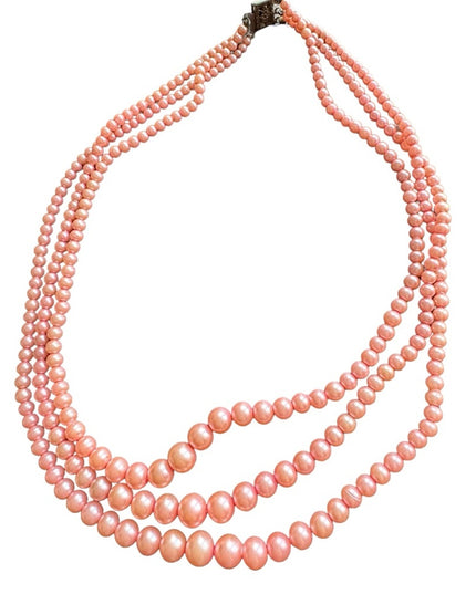 Vintsge 1940s Pastel pink faux pearl multi 3 strand bead necklace