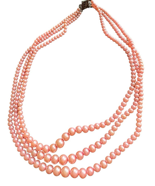 Vintsge 1940s Pastel pink faux pearl multi 3 strand bead necklace