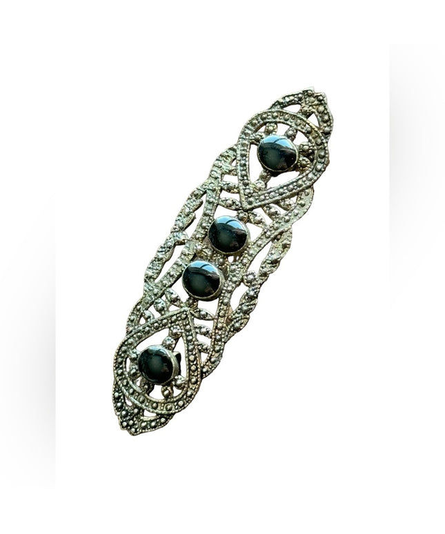Vintage silver finish faux marcasite black enamel bar brooch “revival”