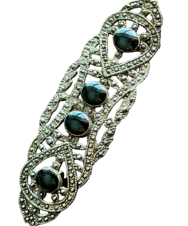 Vintage silver finish faux marcasite black enamel bar brooch “revival”
