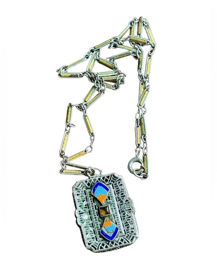 Antique art deco 1920s enameled filagree necklace