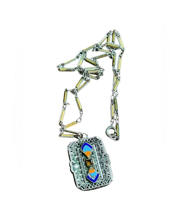 Antique art deco 1920s enameled filagree necklace