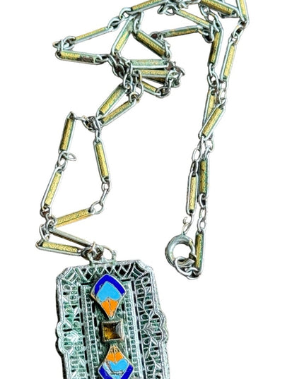 Antique art deco 1920s enameled filagree necklace