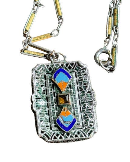 Antique art deco 1920s enameled filagree necklace