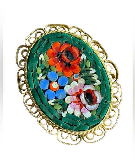 Vintage gokd finish green glass Italy Italian Micro Mosaic flowers oval brooch