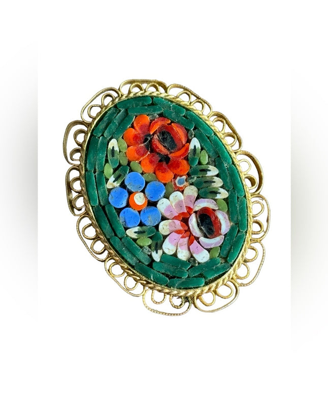 Vintage gokd finish green glass Italy Italian Micro Mosaic flowers oval brooch