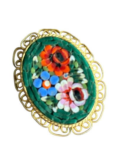 Vintage gokd finish green glass Italy Italian Micro Mosaic flowers oval brooch