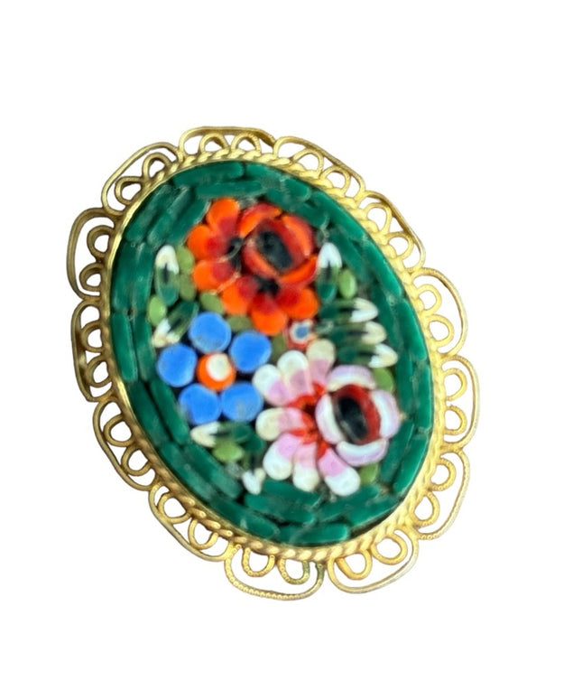 Vintage gokd finish green glass Italy Italian Micro Mosaic flowers oval brooch