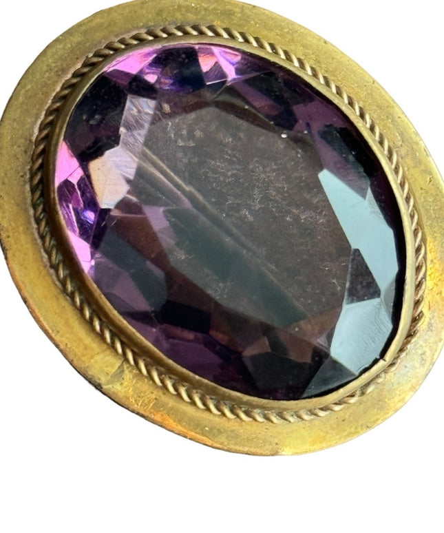 Antique art deco early 1900s large purple paste glass stunning pinchbeck brooch