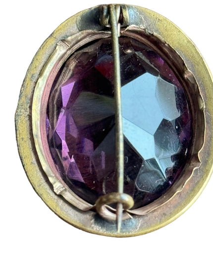 Antique art deco early 1900s large purple paste glass stunning pinchbeck brooch
