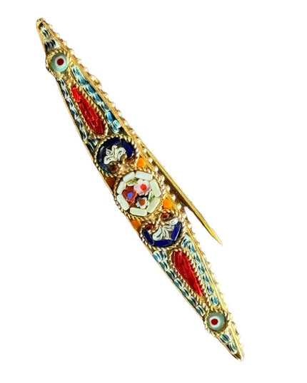 Vintage gold finish Italy Italian micro mosaic glass flower bar brooch