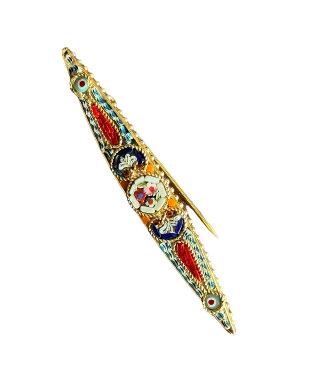 Vintage gold finish Italy Italian micro mosaic glass flower bar brooch