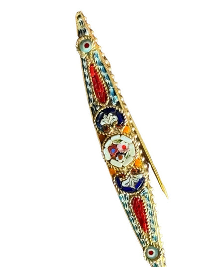 Vintage gold finish Italy Italian micro mosaic glass flower bar brooch
