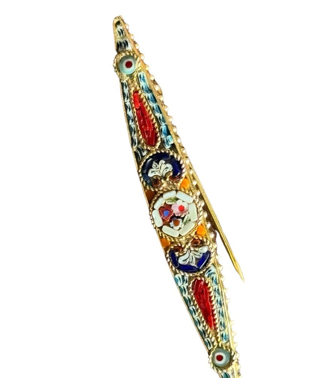 Vintage gold finish Italy Italian micro mosaic glass flower bar brooch