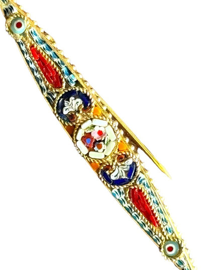Vintage gold finish Italy Italian micro mosaic glass flower bar brooch