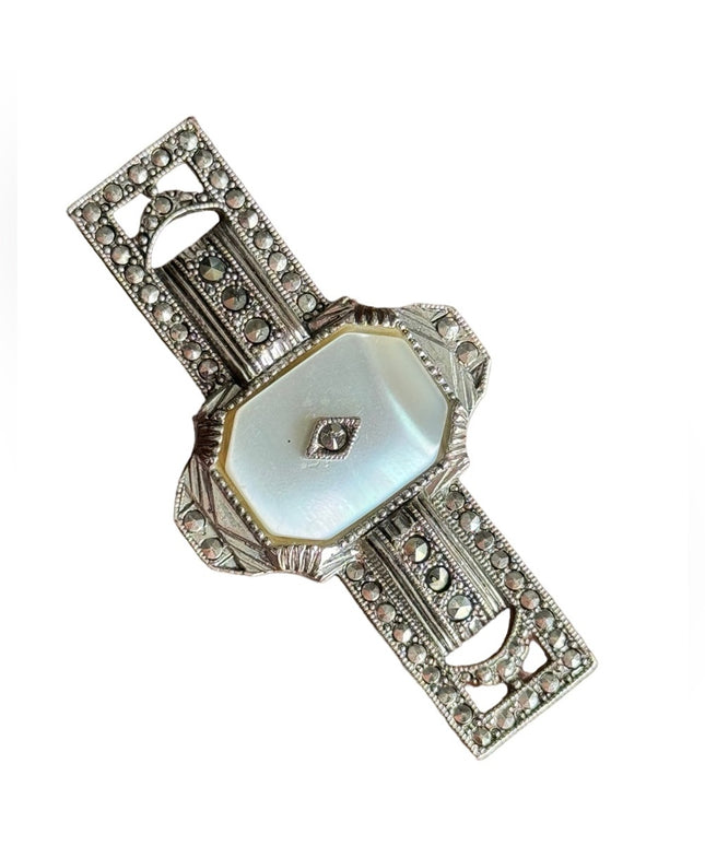 Vintage Art deco “revival” MOP mother of pearl marcasite fancy bar brooch silver