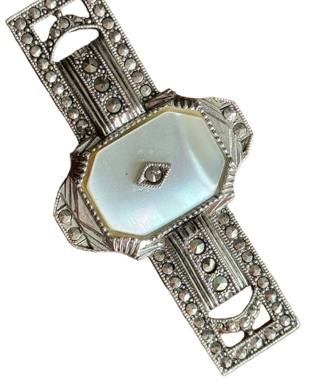 Vintage Art deco “revival” MOP mother of pearl marcasite fancy bar brooch silver