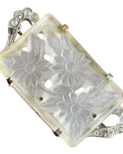 Antique CZECH flower glass fancy brooch silver finish