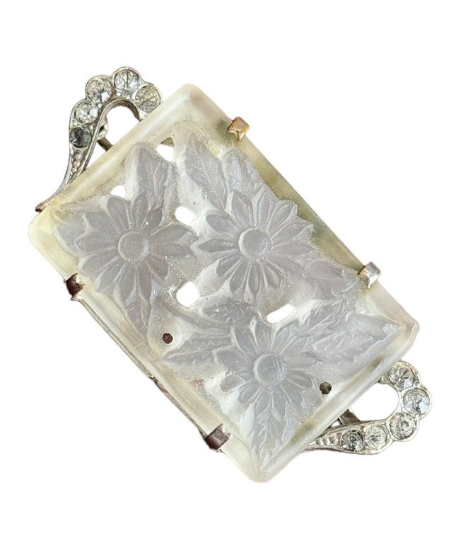 Antique CZECH flower glass fancy brooch silver finish