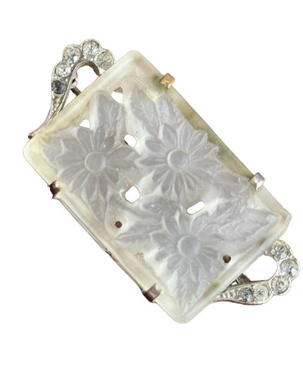 Antique CZECH flower glass fancy brooch silver finish