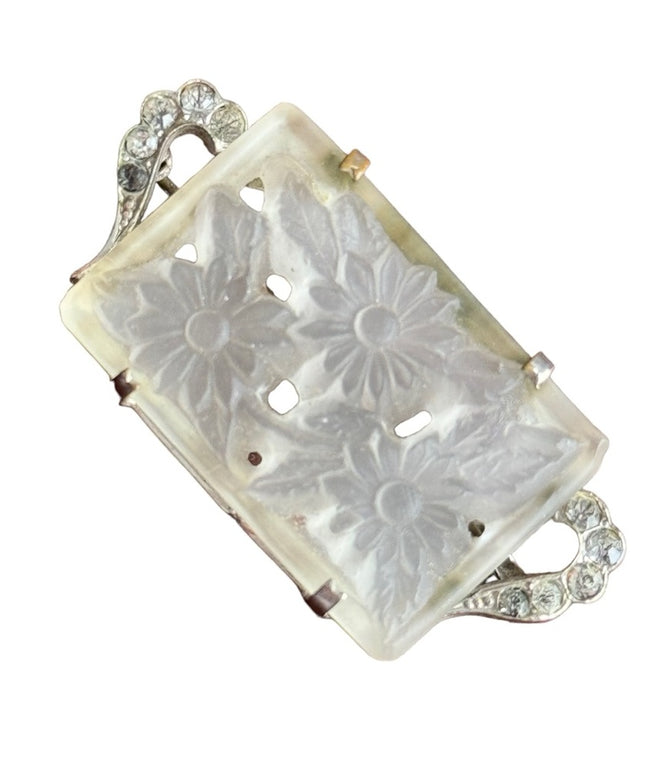 Antique CZECH flower glass fancy brooch silver finish