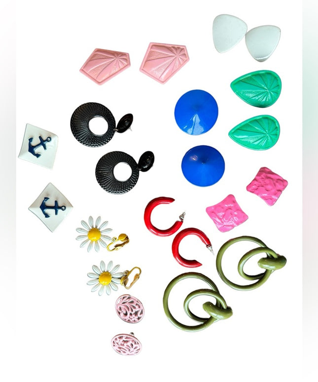 Lot of 11 pairs of 1970s vintage colorful metal pierced earrings funky retro