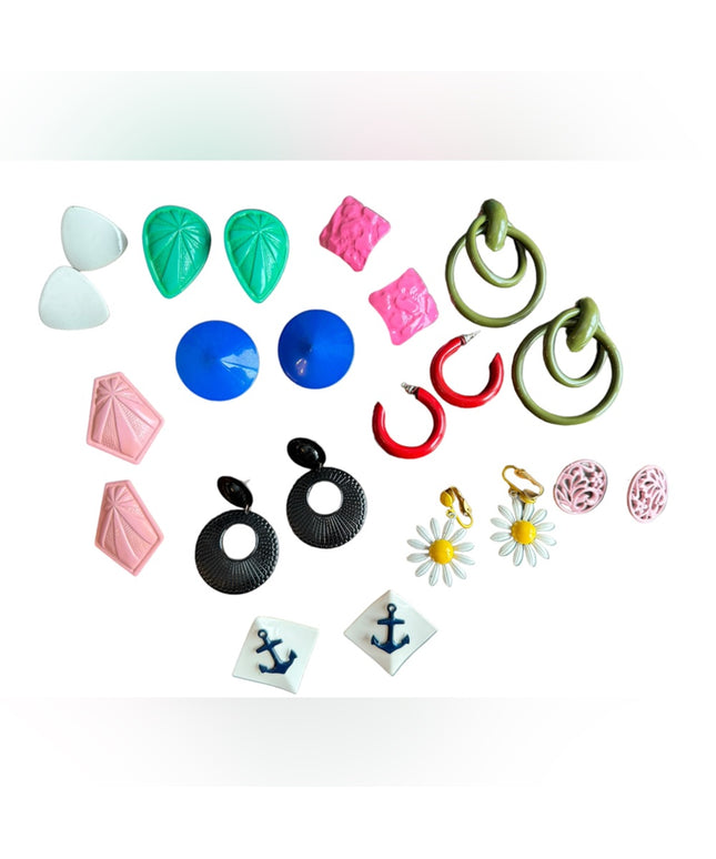 Lot of 11 pairs of 1970s vintage colorful metal pierced earrings funky retro