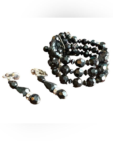 Vintage 1960s LOT black crystal glass bracelet cuff & clip on earrings