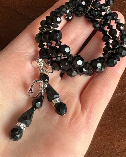 Vintage 1960s LOT black crystal glass bracelet cuff & clip on earrings