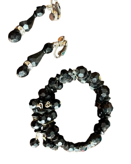 Vintage 1960s LOT black crystal glass bracelet cuff & clip on earrings