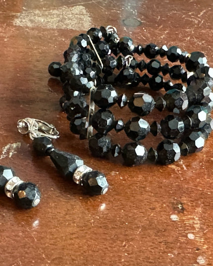 Vintage 1960s LOT black crystal glass bracelet cuff & clip on earrings