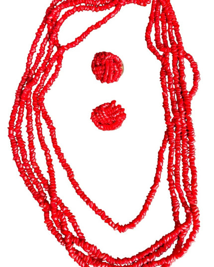 Vintage 1960s Red glass chip multi strand fancy necklace & earrings