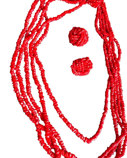 Vintage 1960s Red glass chip multi strand fancy necklace & earrings