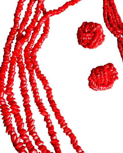 Vintage 1960s Red glass chip multi strand fancy necklace & earrings